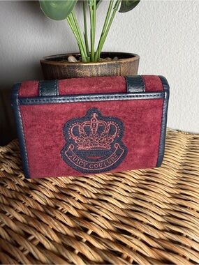 Juicy Couture Burgundy Suede Wallet with Navy Trim and Embroidered Crest